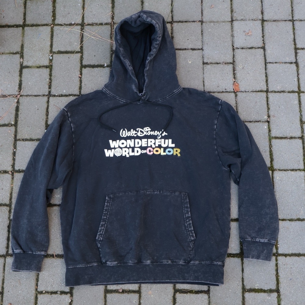 Disney 100 Years Wonderful World of Color Hoodie Mens Black Mineral Wash XL EUC